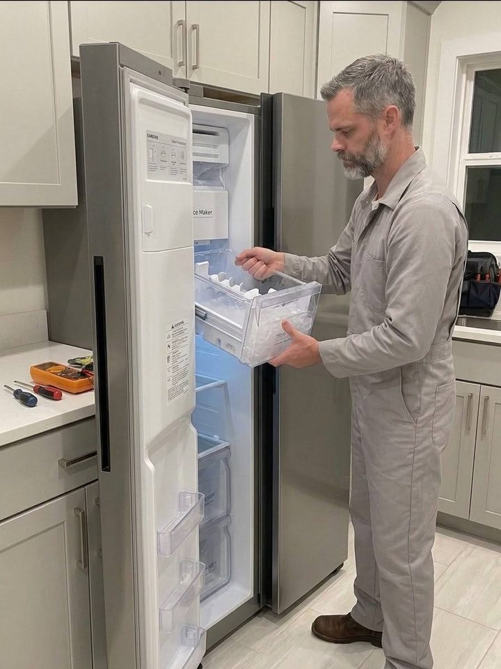 Technician checking an ice maker bin on a side-by-side refrigerator
