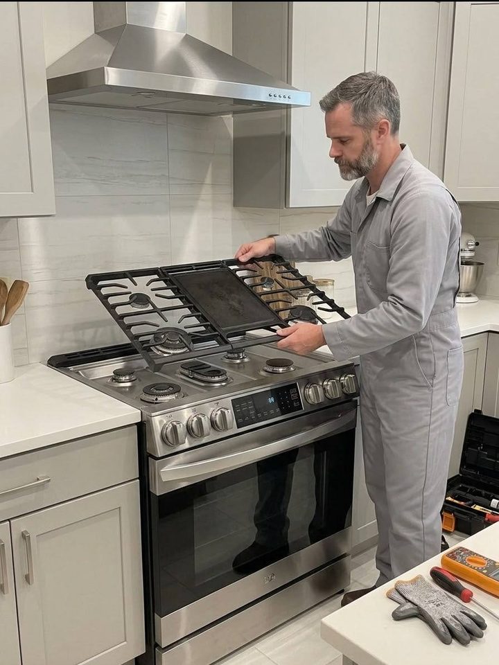Technician lifting the grates of a gas range during an examination