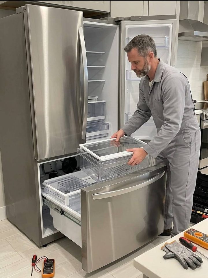 Technician servicing the freezer drawer of a French-door refrigerator