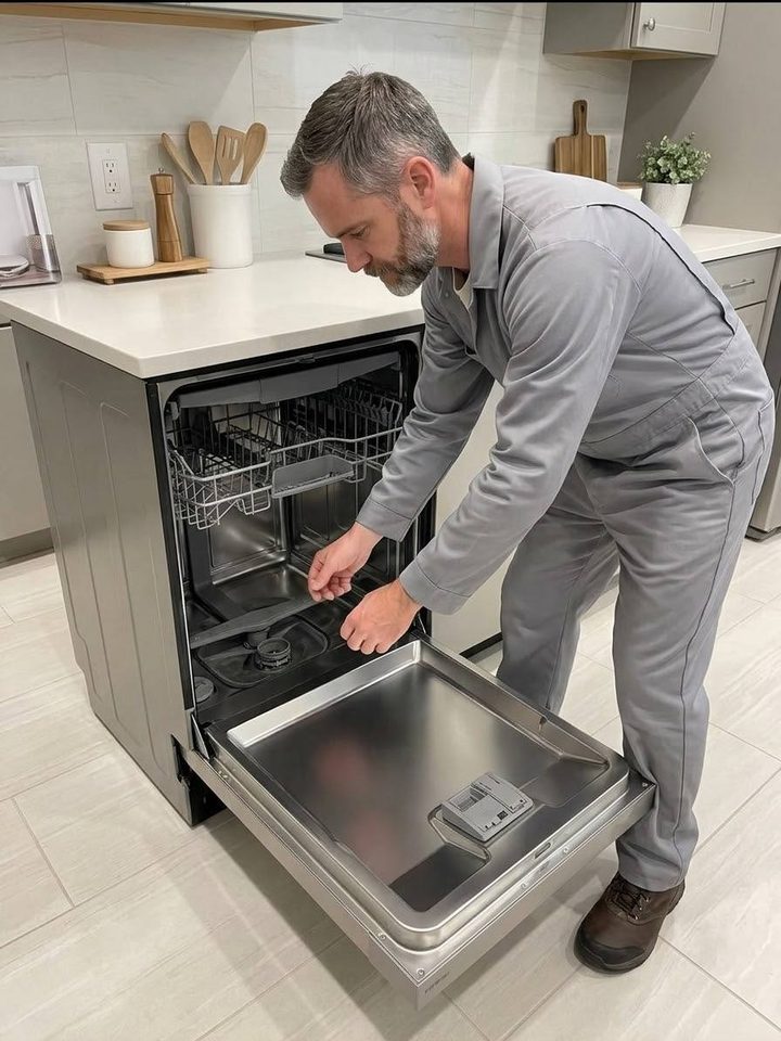 Technician examining the spray arm and sump of an open dishwasher